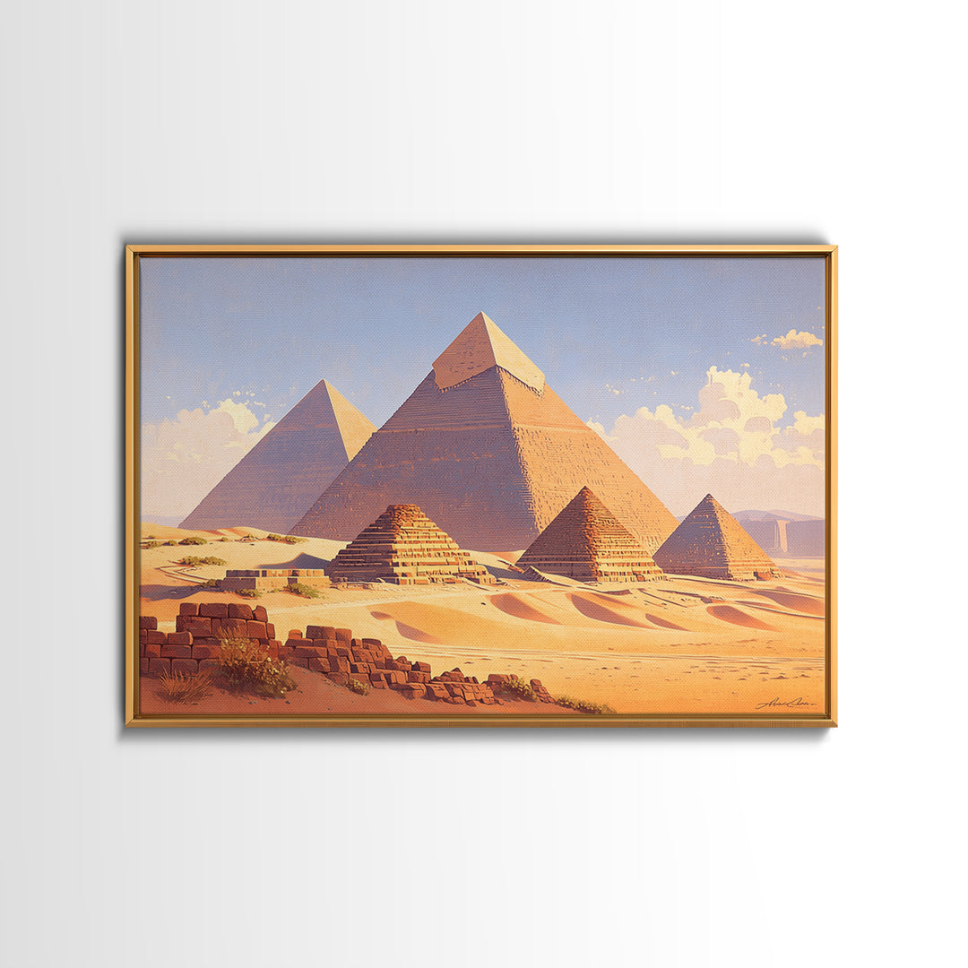 Warm Sunset Egyptian Pyramids Framed Canvas Print African Egyptian Art Ancient Desert Landscape Wall Decor Travel Poster Gift