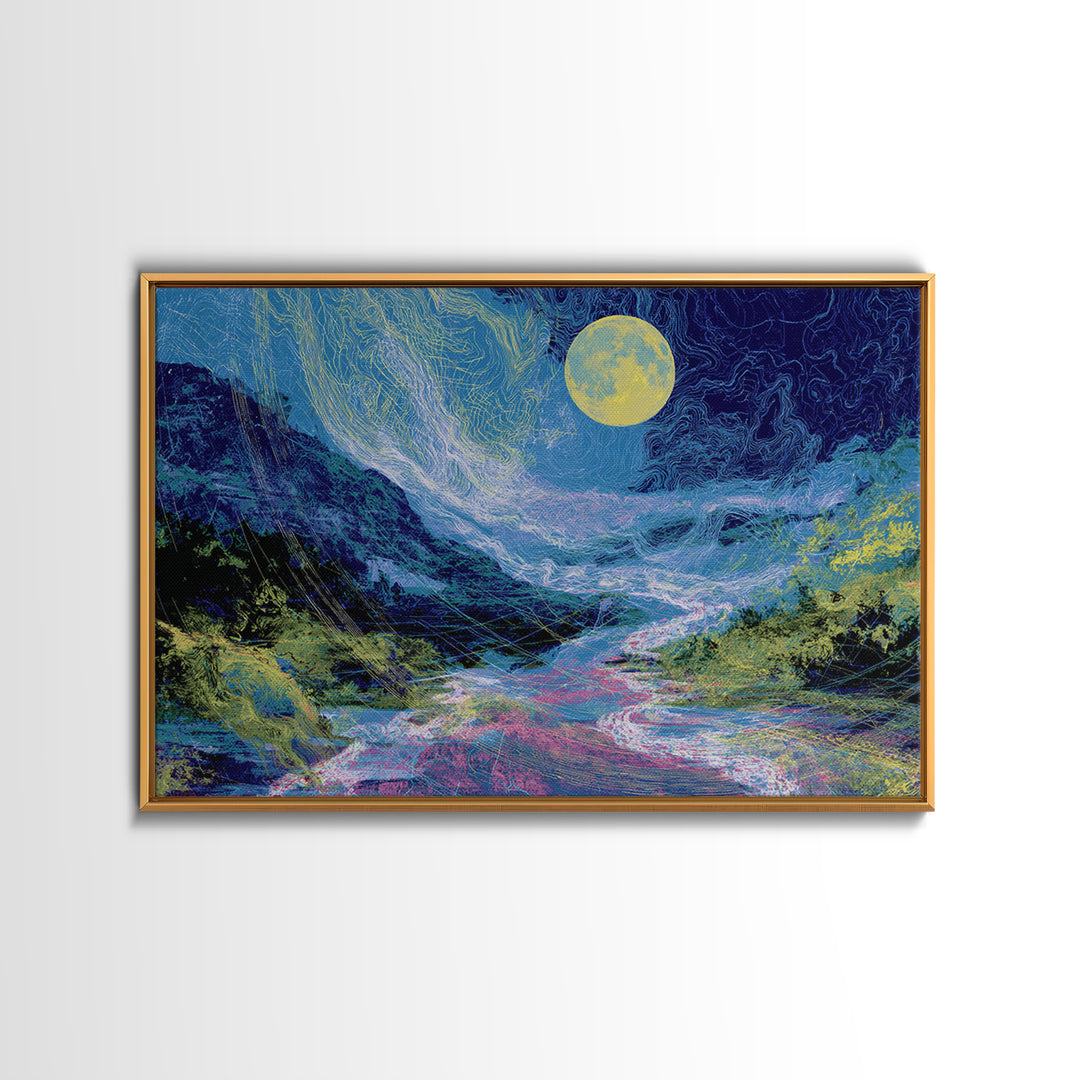 Blue Moonlit River Through Mountains Wall Art, Dreamy Wall Art, Nature Scene Art, Blue Home Decor, Large Decor Art, Living Room Art