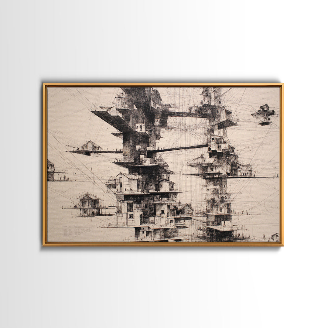 Futuristic Floating Tower City Wall Art, Architectural Illustration Art, Modern Wall Decor, Black And White Art, Office Art