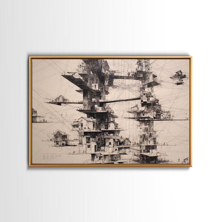 Futuristic Floating Tower City Wall Art, Architectural Illustration Art, Modern Wall Decor, Black And White Art, Office Art