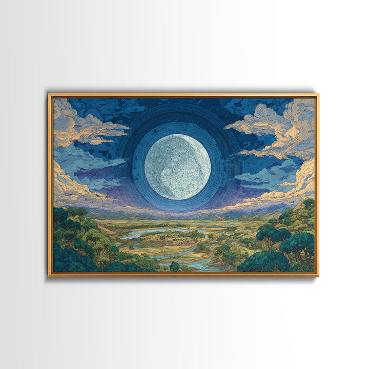 Giant Moon Over River Valley Canvas Print, Dreamy Wall Art, Nature Scene Art, Blue And Green Decor, Landscape Wall Decor