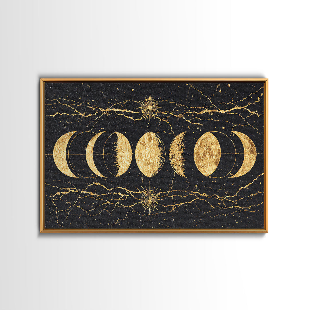 Gold Moon Phase Celestial Wall Art, Black Marble Lunar Decor, Mystical Astronomy Print, Boho Spiritual Home Decor Gift For Her