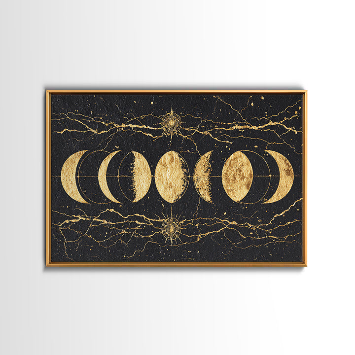 Gold Moon Phase Celestial Wall Art, Black Marble Lunar Decor, Mystical Astronomy Print, Boho Spiritual Home Decor Gift For Her