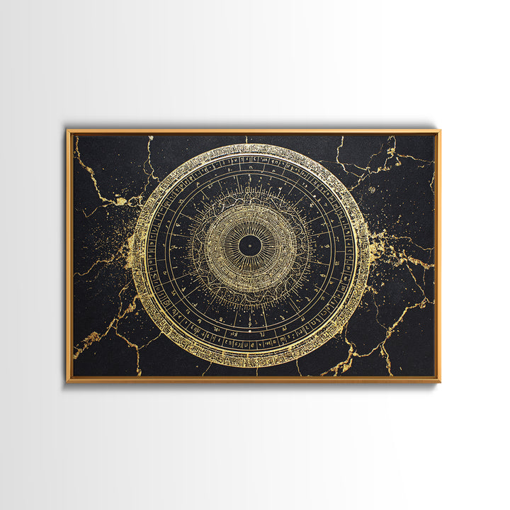 Gold Zodiac Wheel Framed Canvas Print, Astrological Chart Wall Decor, Celestial Astronomy Art, Mystical Home Decor Gift Idea