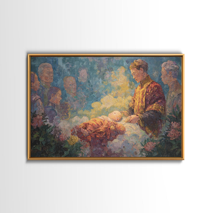 Glowing Newborn Blessing Canvas Print, Spiritual Family Ceremony Painting, Dreamy Nursery Wall Decor, Meaningful Gift For Home