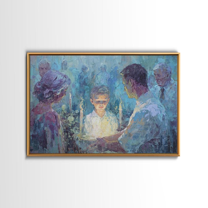 Candlelit Boy Ritual Wall Art, Blue Spiritual Family Ceremony Painting, Dreamy Portrait Canvas Decor, Meaningful Home Gift