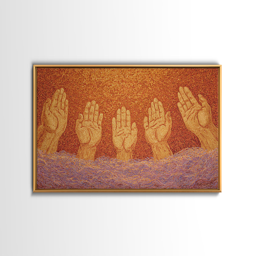 Golden Raised Hands Wall Art, Orange Mosaic Spiritual Painting, Empowerment Prayer Decor, Abstract Contemporary Home Gift