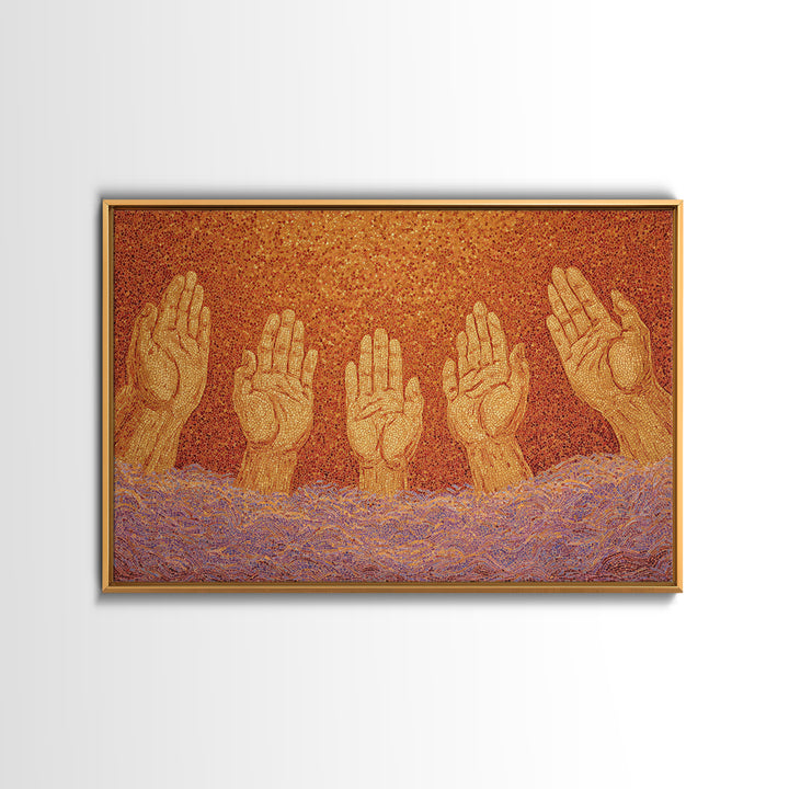 Golden Raised Hands Wall Art, Orange Mosaic Spiritual Painting, Empowerment Prayer Decor, Abstract Contemporary Home Gift
