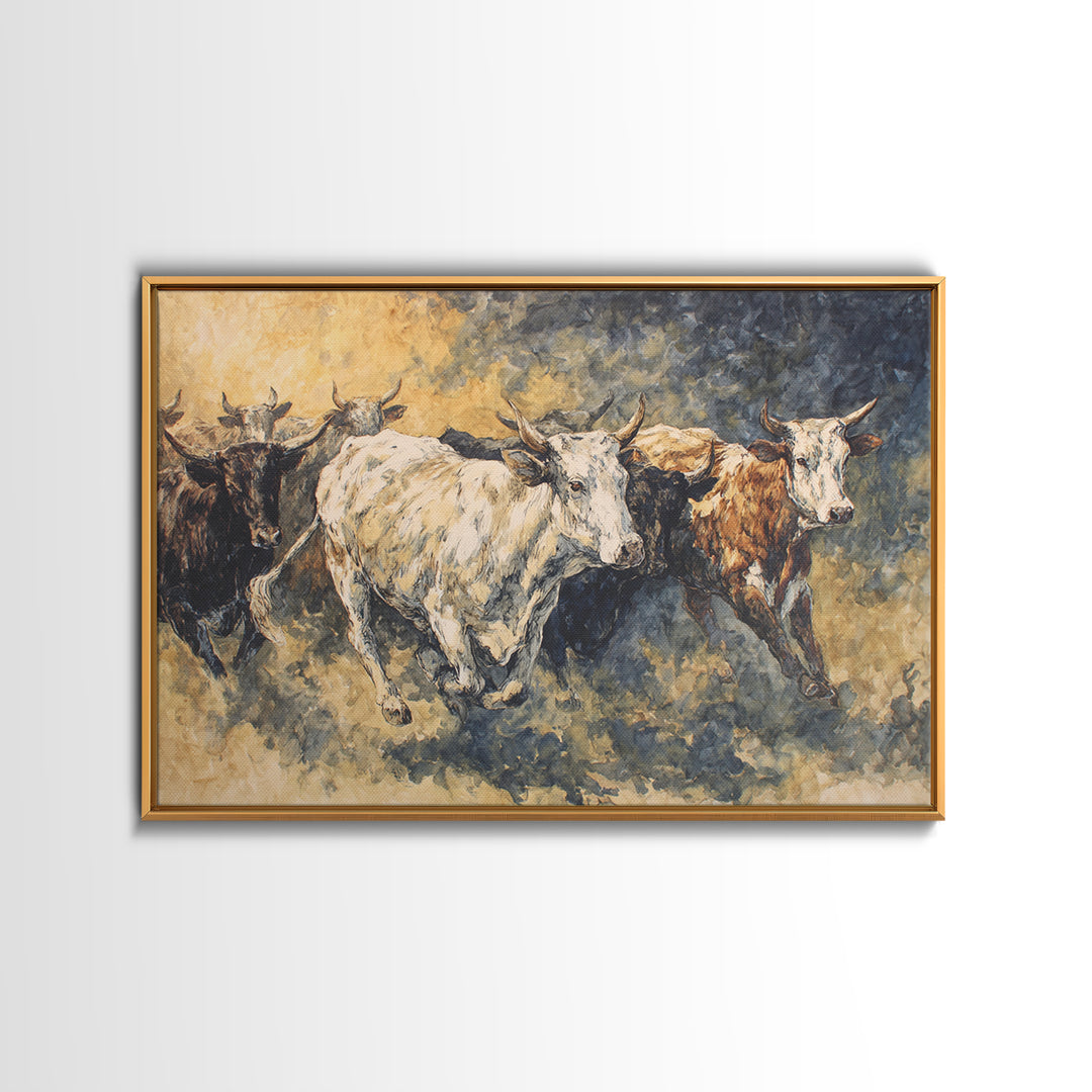 Galloping Longhorn Cattle Canvas Print, African Safari Wall Decor, Rustic Animal Painting, Earth Tone Statement Artwork Gift