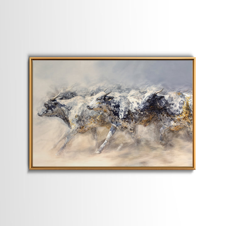 Dusty Spotted Bulls Racing Across Plain Canvas Print, African Safari Animal Art, Neutral Earth Tone Wall Decor Gift For Home