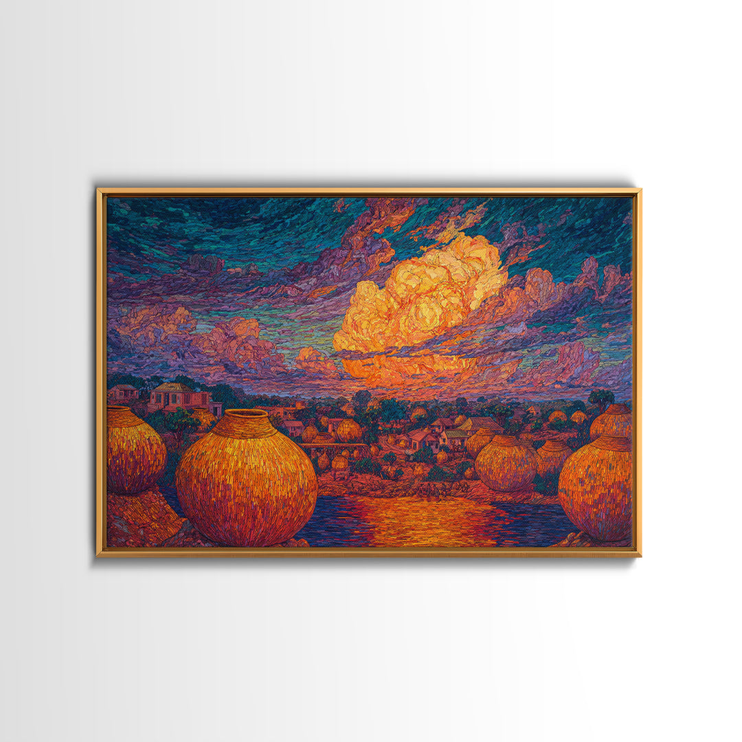 African Village Sunset With Clay Pots Wall Art, Colorful Landscape Print, Afrocentric Home Decor, Motherland Culture Art