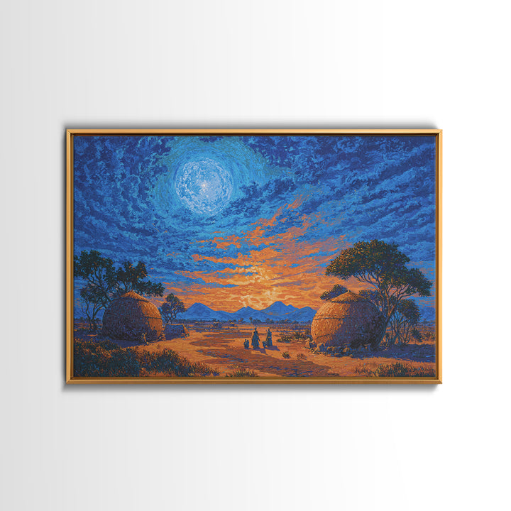 Moonlit African Village Landscape Wall Art, Blue Sunset Safari Decor, Motherland Hut Print, Serene Nature Scene Art Gift For Home