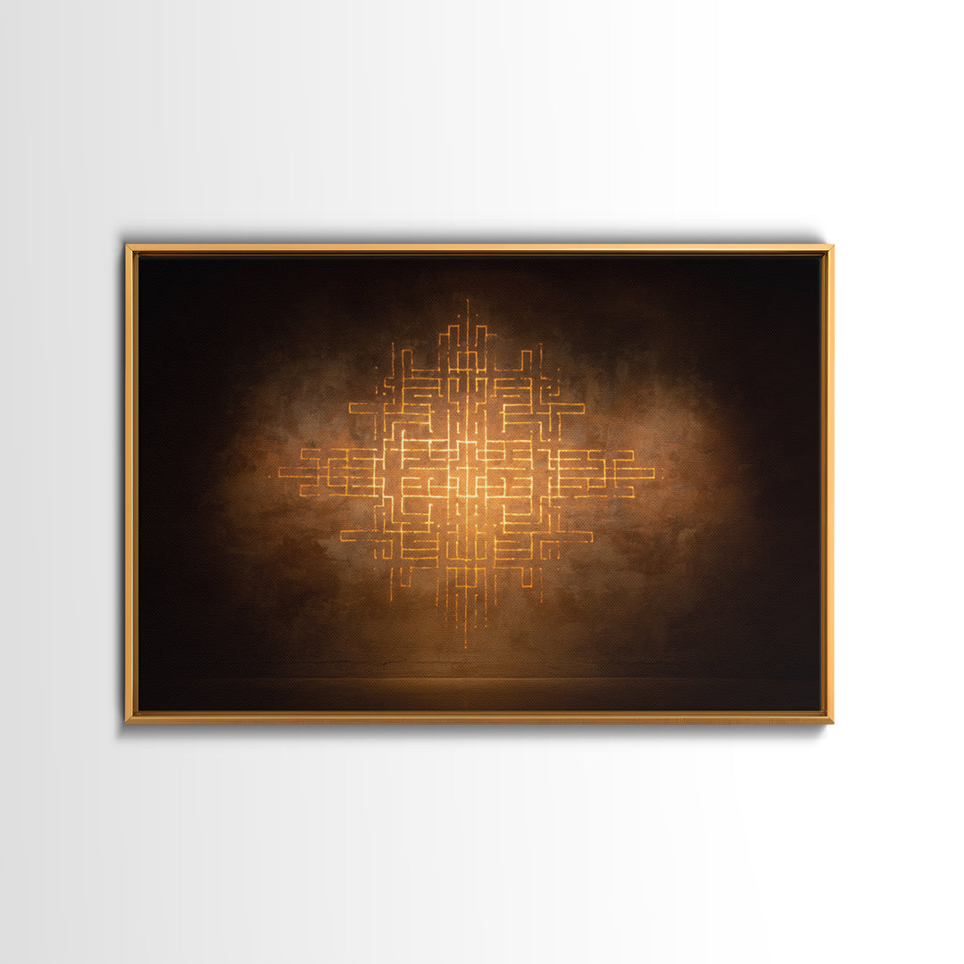 Glowing Gold Geometric Totem Canvas Print, African Abstract Wall Decor, Spiritual Symbol Art, Warm Brown Luxury Home Decor