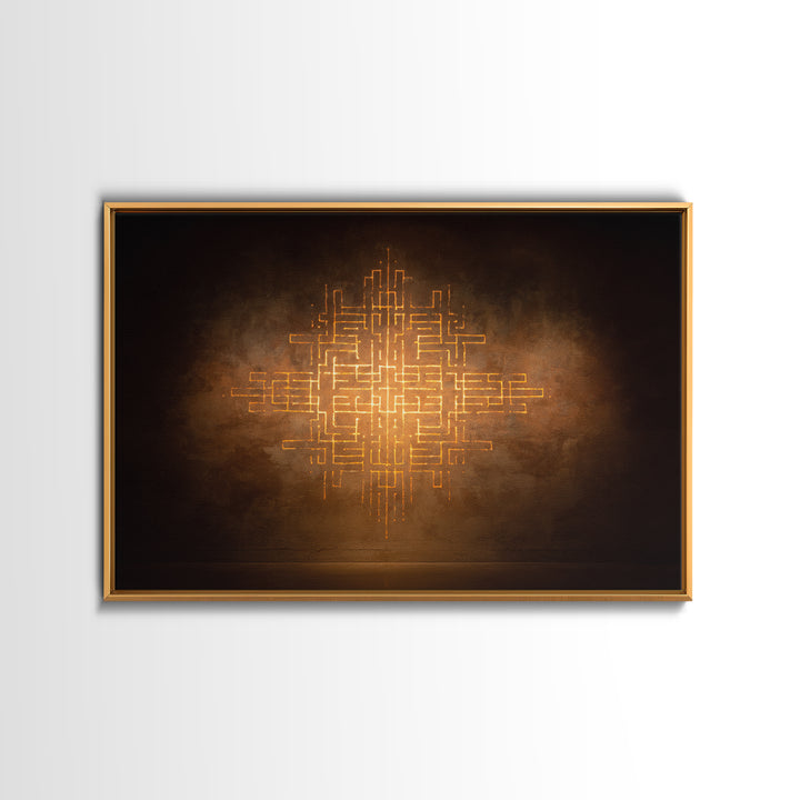Glowing Gold Geometric Totem Canvas Print, African Abstract Wall Decor, Spiritual Symbol Art, Warm Brown Luxury Home Decor