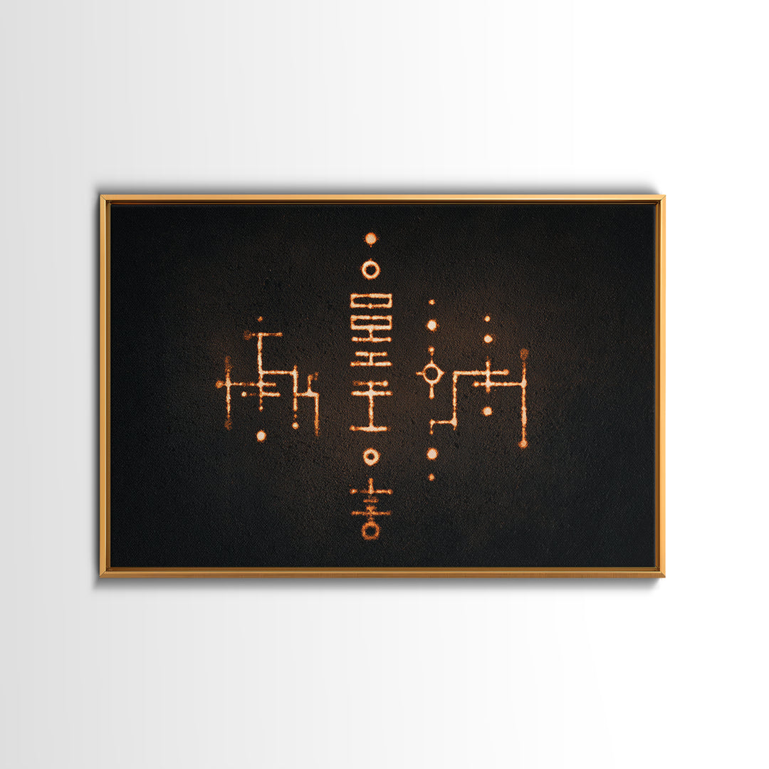 Glowing Orange Tribal Markings Canvas Print, African Symbol Wall Decor, Minimalist Black Abstract Art, Spiritual Home Decor
