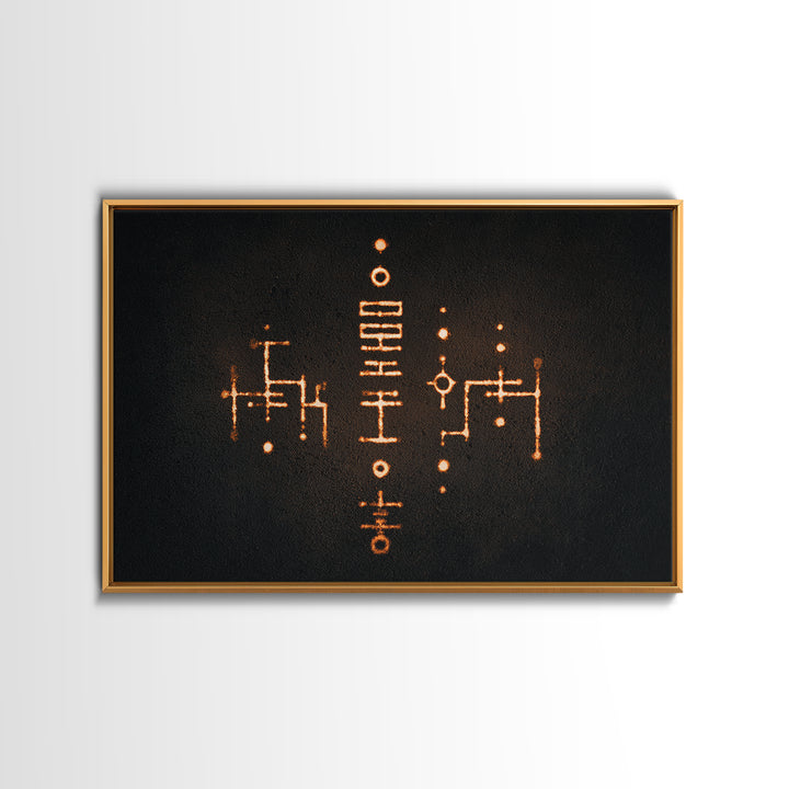 Glowing Orange Tribal Markings Canvas Print, African Symbol Wall Decor, Minimalist Black Abstract Art, Spiritual Home Decor