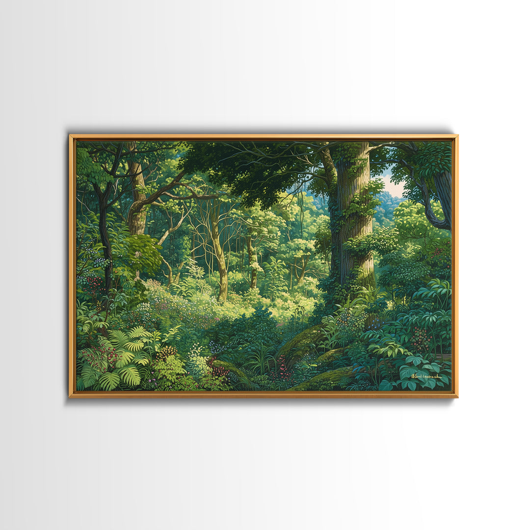Sunlit Lush African Jungle Wall Art, Green Forest Landscape Canvas, Nature Scene Decor, Boho Living Room Statement Gift, Home Decor