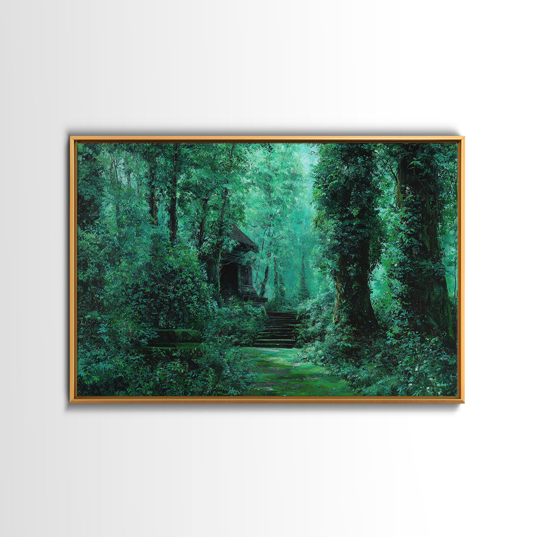 Emerald Forest Ruins And Stone Steps Canvas Print, African Landscape Wall Decor, Mystical Jungle Art, Dreamy Green Home Decor