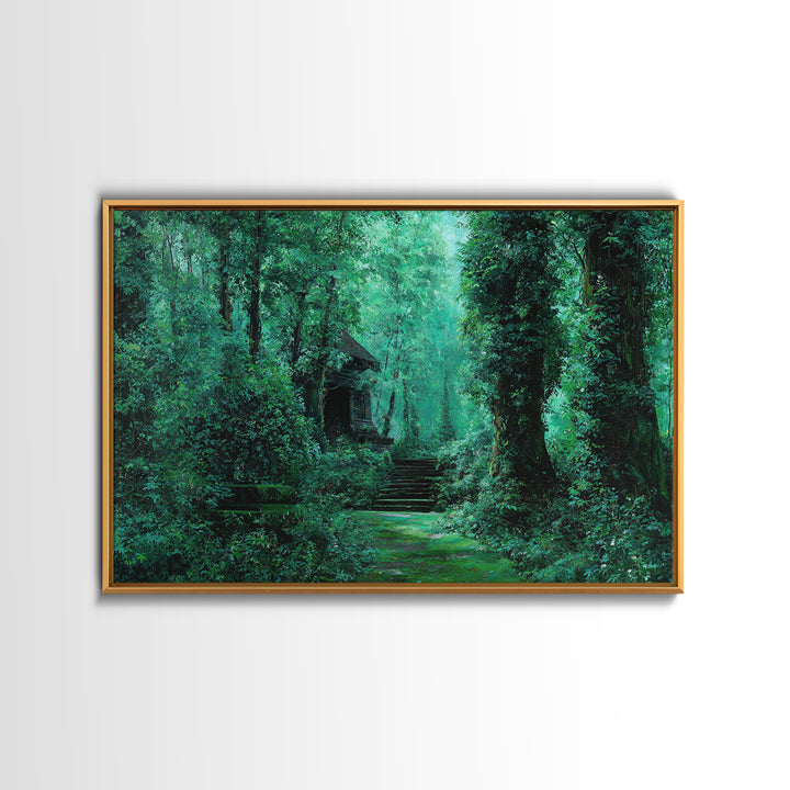 Emerald Forest Ruins And Stone Steps Canvas Print, African Landscape Wall Decor, Mystical Jungle Art, Dreamy Green Home Decor