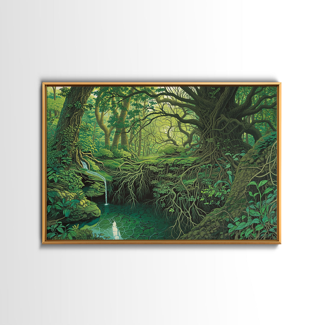 Ancient Emerald Forest Creek And Twisted Roots Wall Art, Green Nature Landscape Canvas, Mystical Jungle Home Decor For Living Room