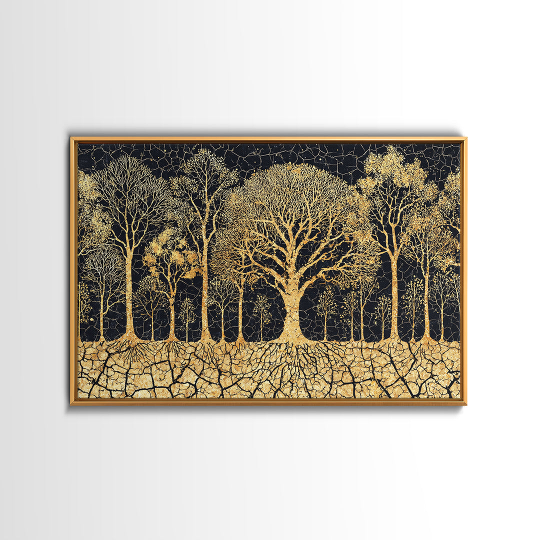 Golden Baobab Tree Grove On Black Cracked Earth Canvas Print, African Tree Inspired Abstract Wall Decor, Luxury Home Art