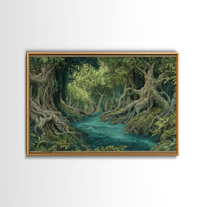 Enchanted River Forest With Ancient Roots Framed Canvas Print, Green Jungle Landscape Wall Decor, Mystical Nature Artwork