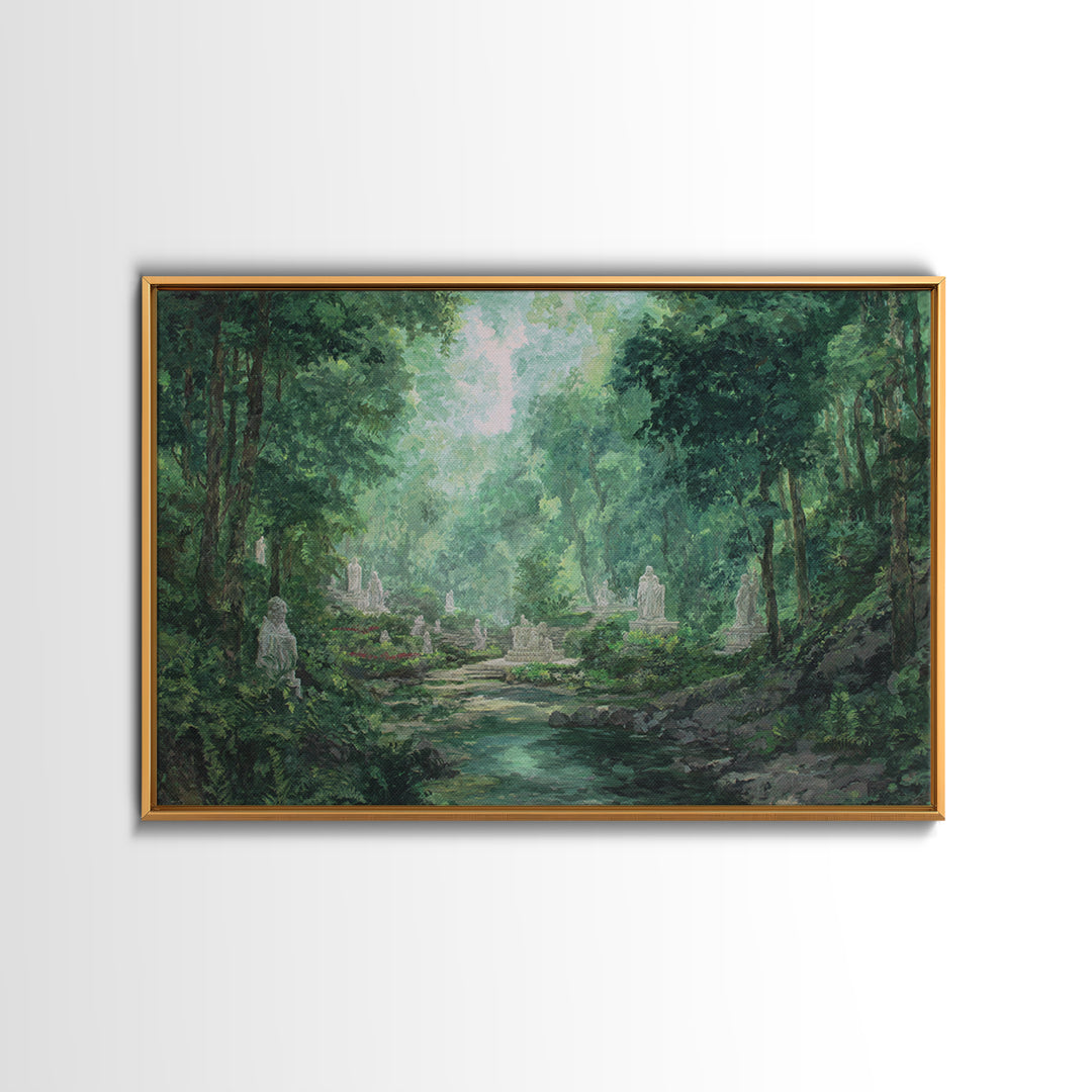 Misty Forest Ruins With Statues And Stream Wall Art, Green Nature Landscape Painting, Dreamy Garden Decor For Living Room