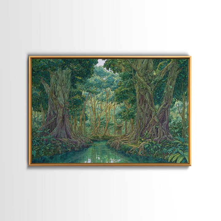 Lush Jungle River Between Towering Trees Canvas Print, Green Nature Landscape Wall Decor, Boho Tropical Living Room Art Print