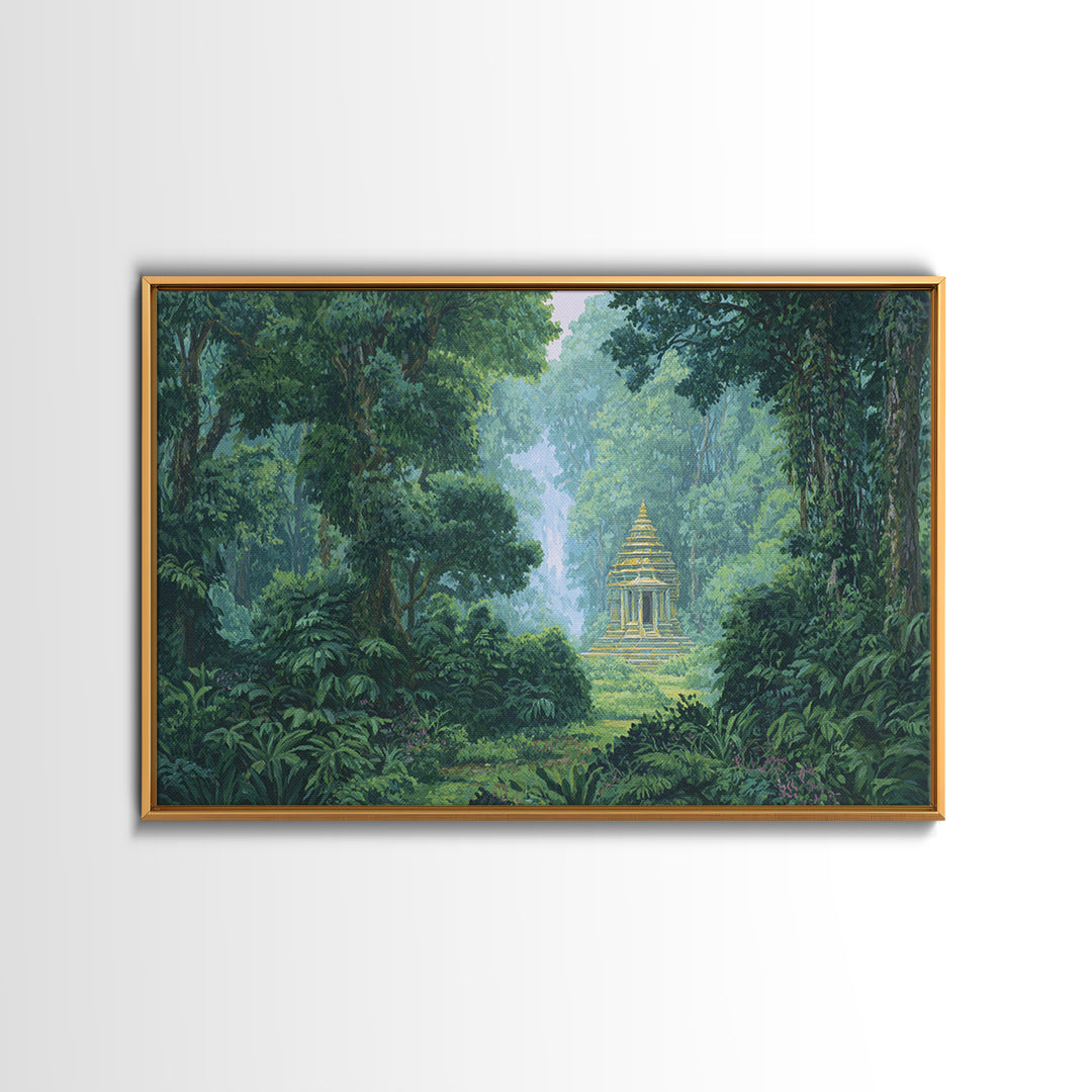 Hidden Golden Temple In Misty Jungle Framed Canvas Print, Green Nature Landscape Wall Decor, Spiritual Tropical Home Art