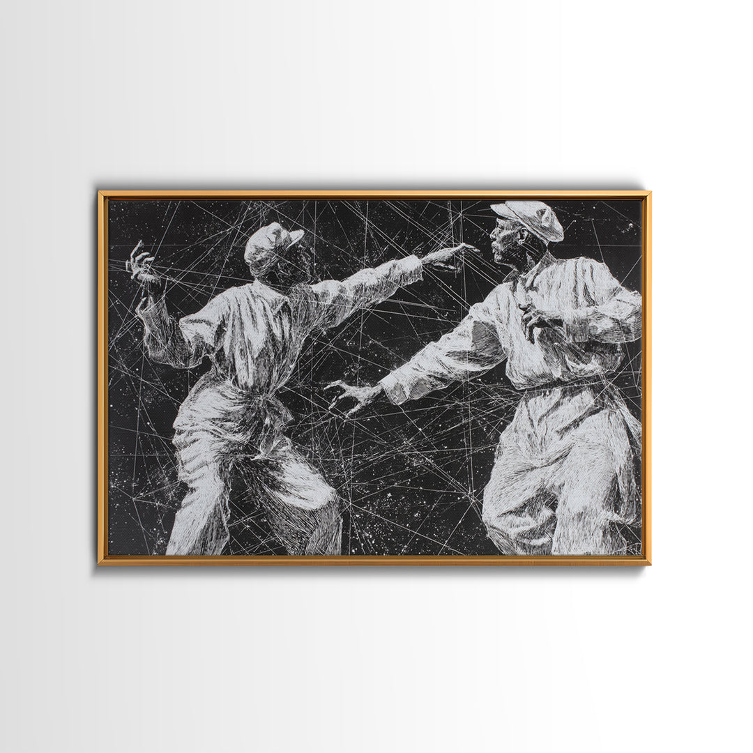 Black And White African Dancers Under Star Lines Wall Art, Afrocentric Art Print, Black Culture Decor, Modern Tribal Artwork