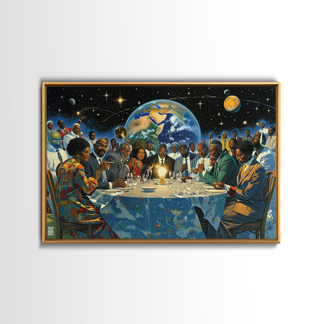 Afrofuturist African Leaders Around Earth Framed Canvas Print, Black Excellence Wall Art, Diaspora Culture Home Decor Gift