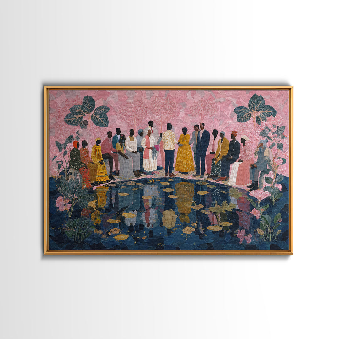 Elegant African Garden Ceremony By Lily Pond Canvas Print, Black Women Art, Afrocentric Wall Decor, Cultural Wedding Gift