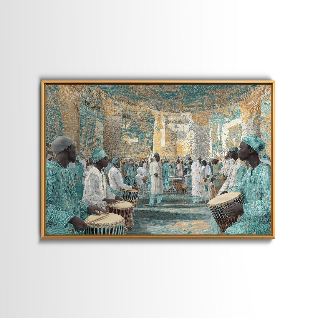 Turquoise African Drum Ceremony In Ornate Hall Framed Canvas Print, Afrocentric Wall Art, Cultural Decor, Luxury Home Gift