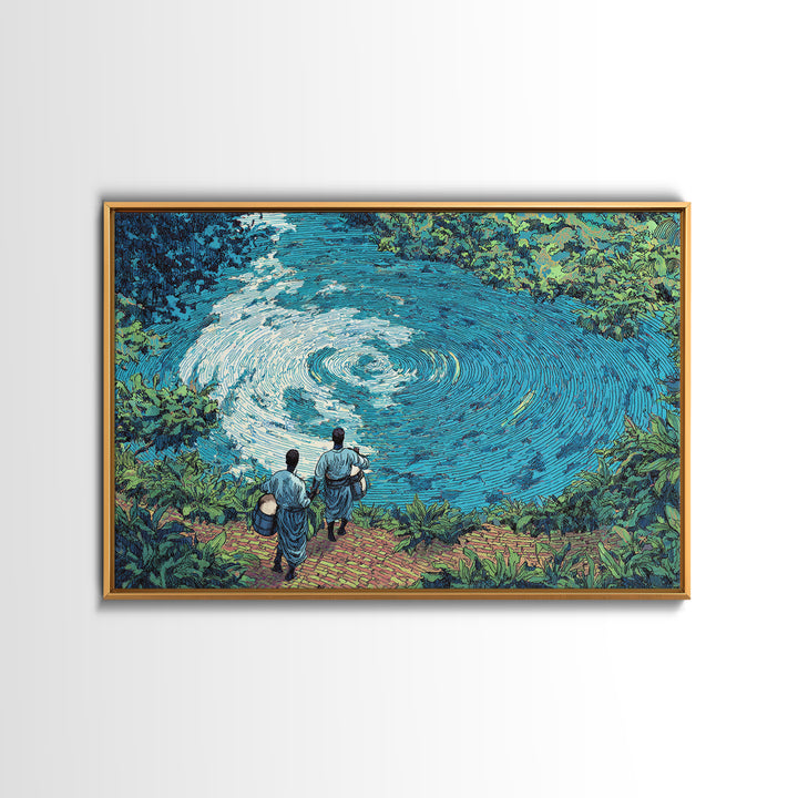 Blue River Spiral With African Musicians Wall Art, Nature Scene Art, Afrocentric Decor, Cultural Landscape Print, Home Decor Gift