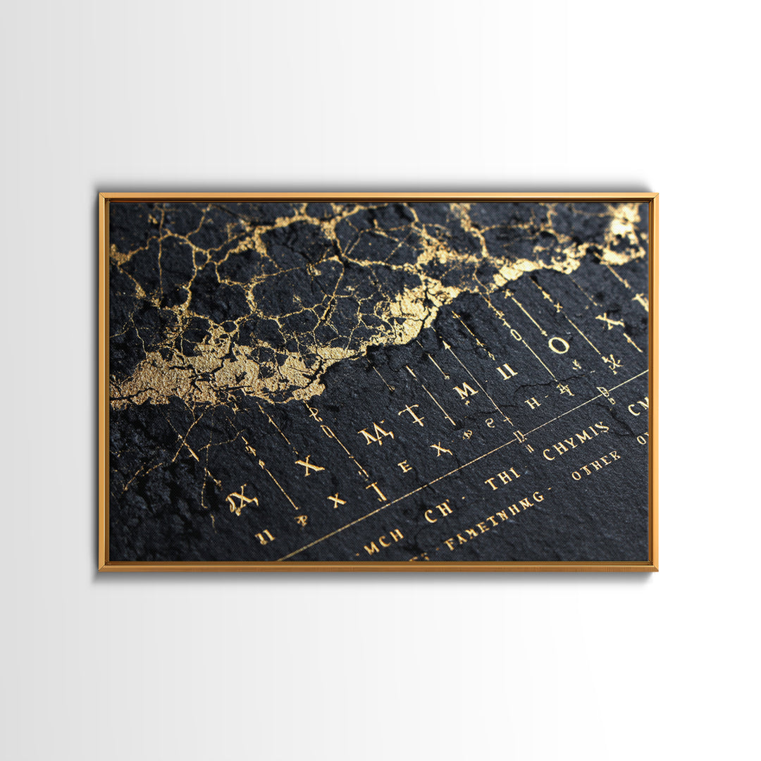 Black And Gold Ancient Map Detail Framed Canvas Print, African Inspired Wall Decor, Luxury Art, Mystic Office Decor Gift