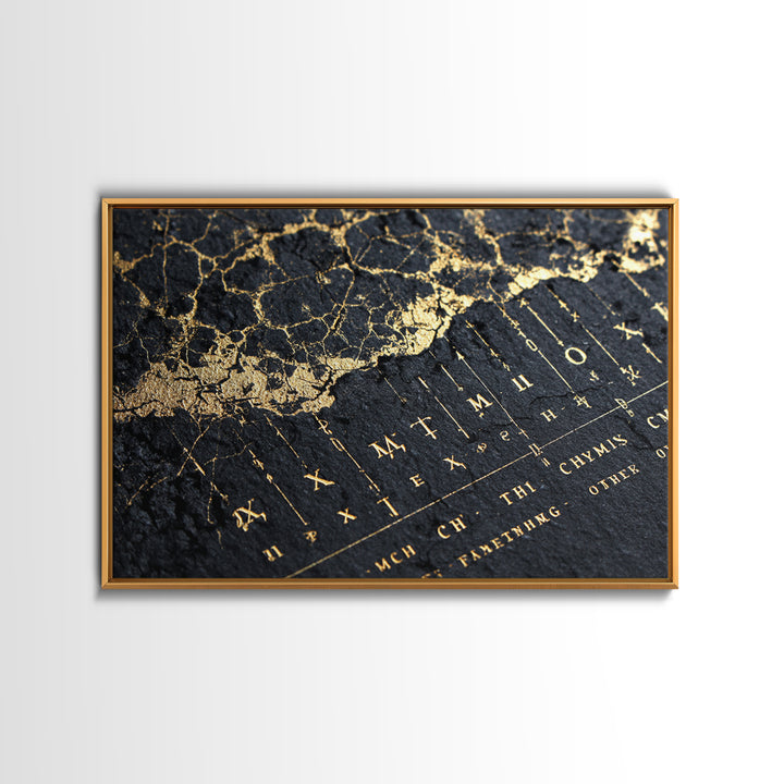 Black And Gold Ancient Map Detail Framed Canvas Print, African Inspired Wall Decor, Luxury Art, Mystic Office Decor Gift