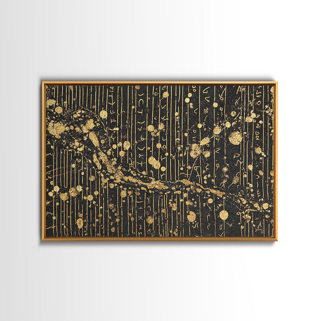 Black Gold Ancient Script Abstract Wall Art, African Inspired Luxury Canvas Decor, Textured Tribal Pattern Home Accent Print