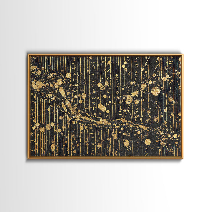 Black Gold Ancient Script Abstract Wall Art, African Inspired Luxury Canvas Decor, Textured Tribal Pattern Home Accent Print