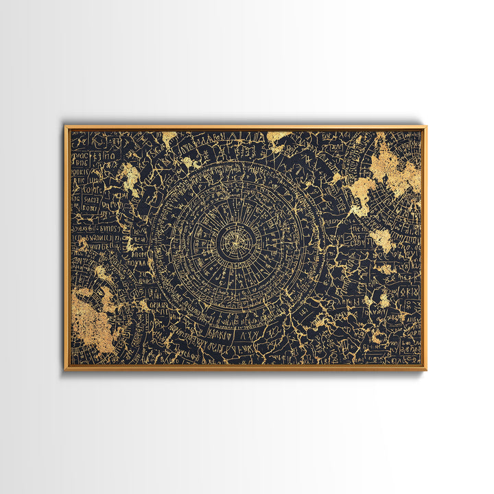 Gold Circular Ancient Map Wall Art, African Inspired Abstract Pattern, Tribal Astronomy Decor, Luxury Black Canvas Print