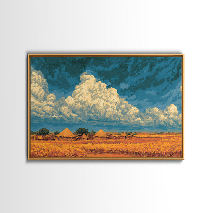 Golden African Village Landscape Framed Canvas Print, Dramatic Cloud Wall Decor, Safari Art For Warm Boho Home Decor Gift