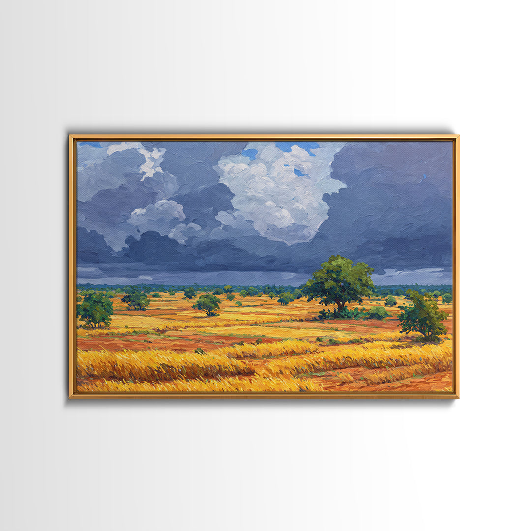 Golden African Plains Under Storm Clouds Canvas Print, Savanna Landscape Wall Art, Safari Decor, Modern Home Decor Gift For Him