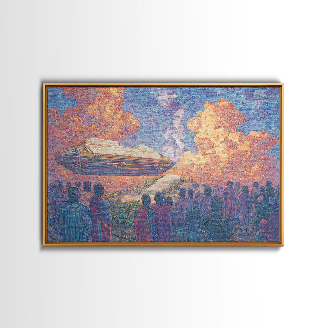 Afrofuturist Airship Above African Crowd Wall Art, Sci Fi Canvas Print, Black Culture Art, Bold Home Decor, Unique Gift For Him
