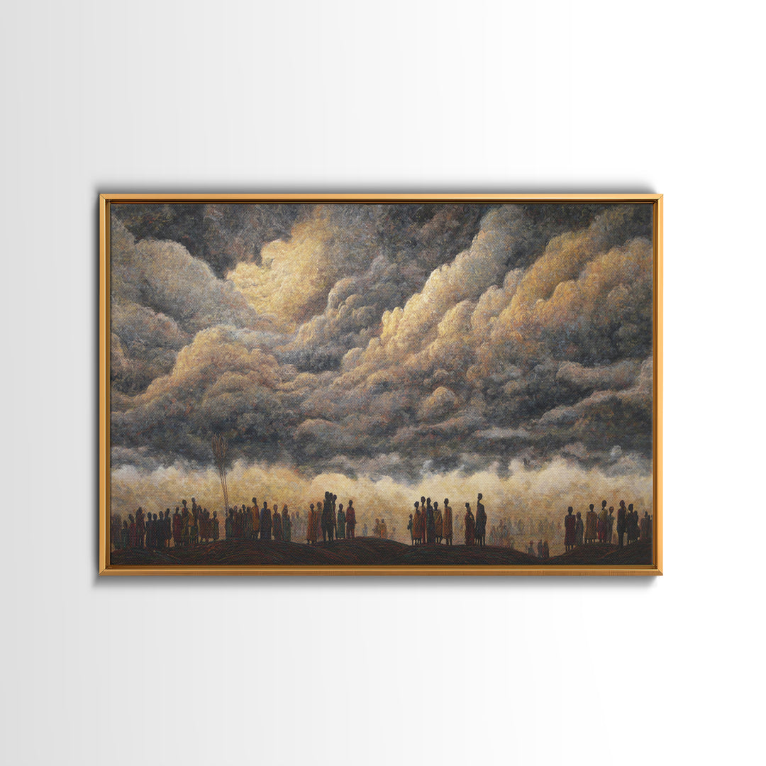 Gathered Silhouettes Under Thunderclouds Framed Canvas Print, African Wall Art, Spiritual Landscape, Statement Home Decor