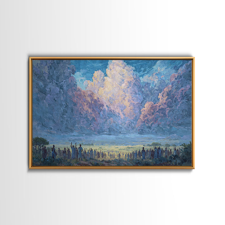 Blue Dawn Clouds Over African Gathering Wall Art, Modern African Art Canvas Print, Cultural Wall Decor, Meaningful Gift For Her