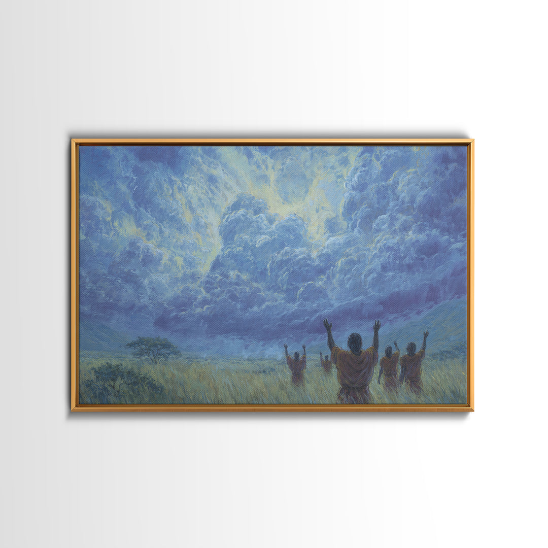 Figures Raising Hands To Radiant Blue Storm Wall Art, Spiritual African Canvas Print, Ancestral Decor, Prayer Room Art Gift