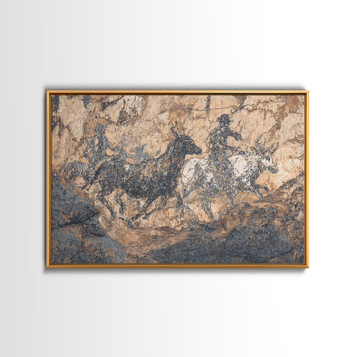 Ancient Cave Horse And Antelope Wall Art, African Safari Art Print, Rustic Rock Painting, Earth Tone Cultural Decor Gift