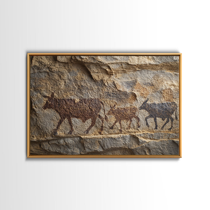 Stone Wall Herd Rock Painting Framed Canvas Print, African Animal Art, Rustic Tribal Art Decor, Cultural Home Decor Gift