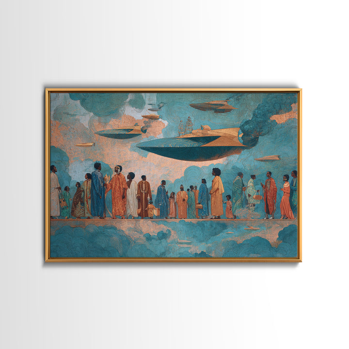 Afrofuturist Sky Procession Wall Art, Modern African Art, Black Culture Art Print, Teal Orange Contemporary Home Decor Gift