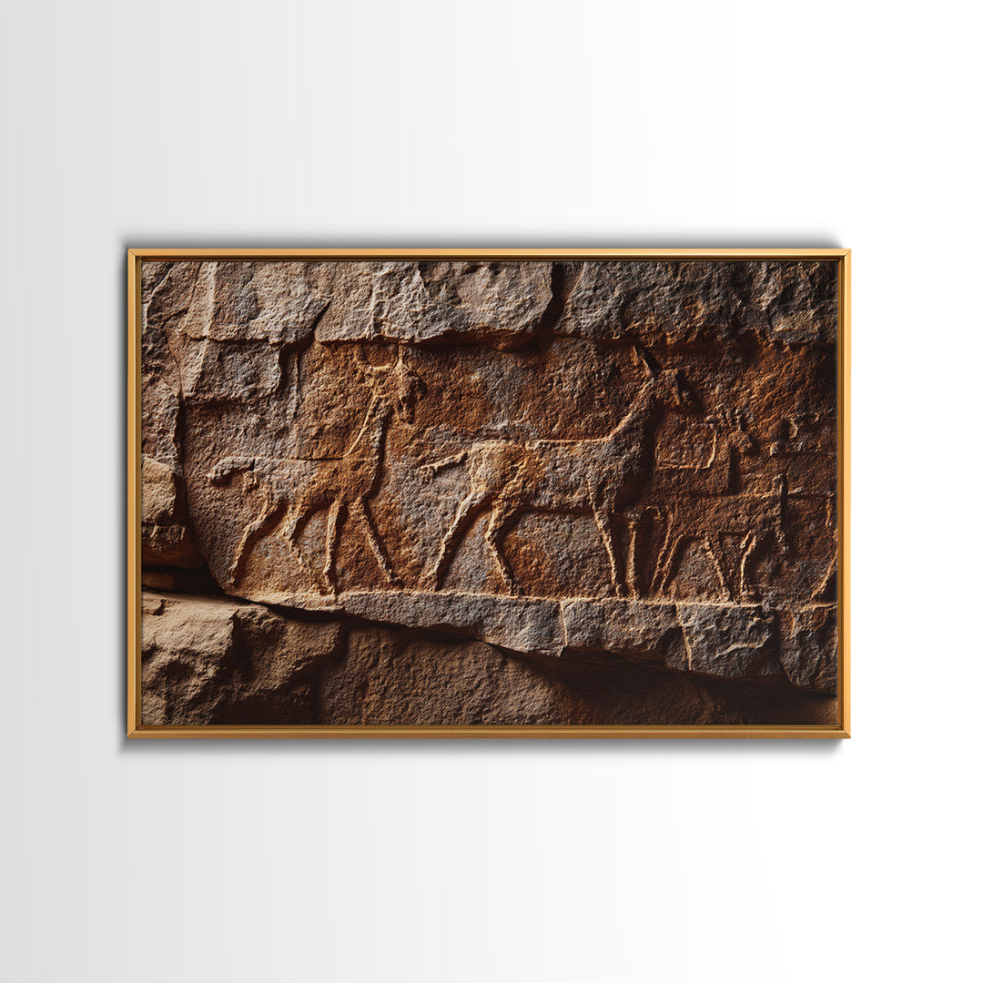 Carved Petroglyph Animal Procession Framed Canvas Print, African Tribal Art, Rustic Rock Wall Decor, Cultural Home Decor Gift