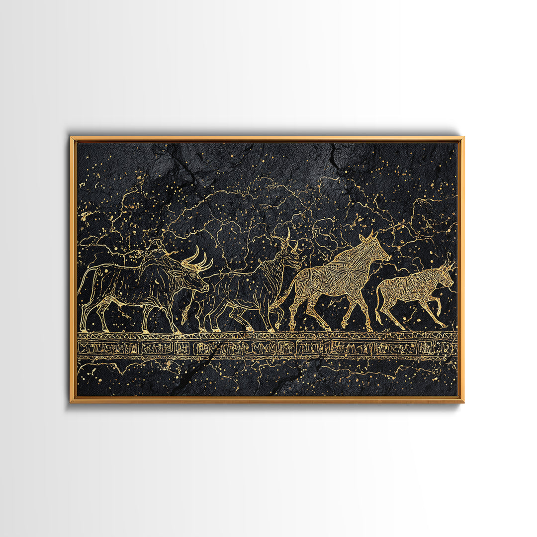 Gold Line Cattle Procession Wall Art, Black African Art, Tribal Animal Print, Luxury Canvas Decor, Modern Cultural Home Gift